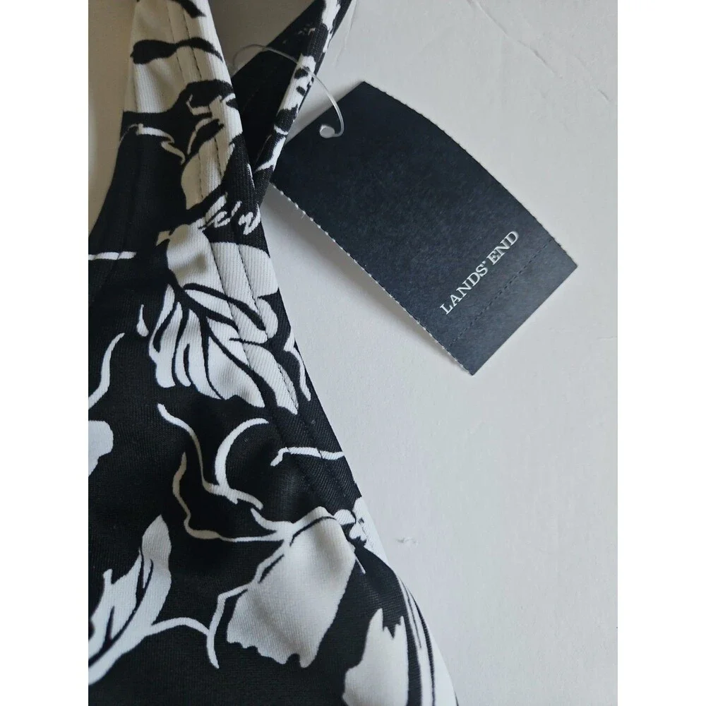 NWT Lands' End  One-Piece Floral Black & White Swimsuit Size 14 L